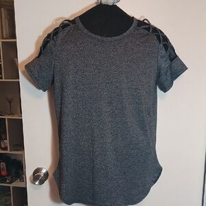 Gray Short Sleeve Shirt with Crew Neck and Cut Out Details